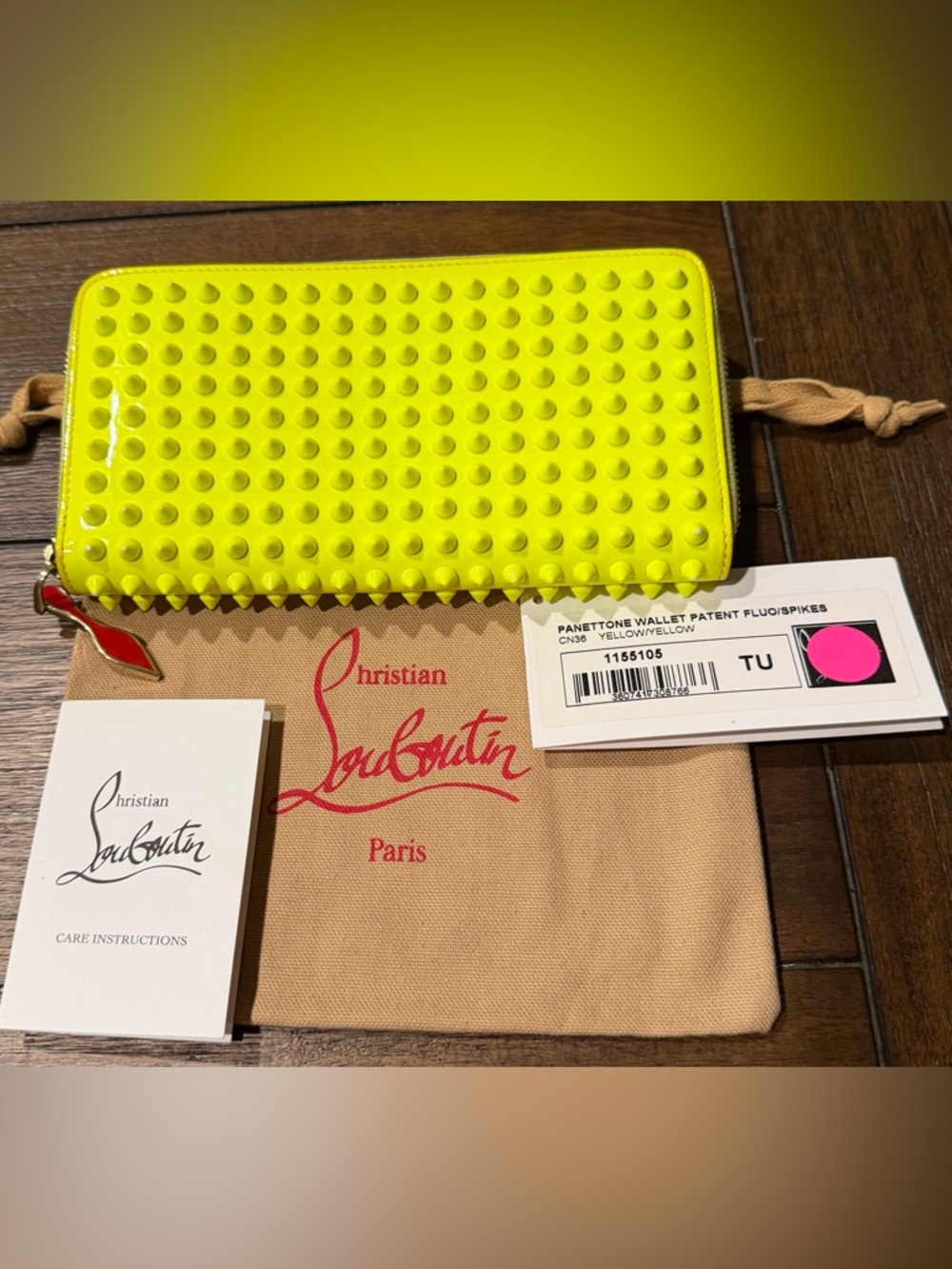 Christian Louboutin Neon Yellow Patent Spiked Panettone Wallet